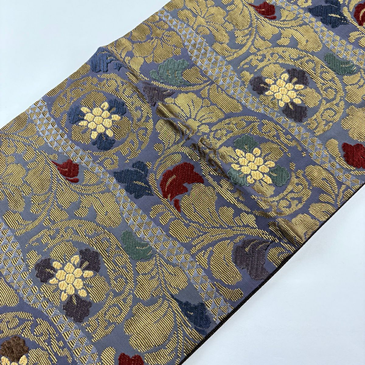 【美品】 袋帶 名品級 錦華燦 それいゆ 草花紋 金糸 青灰 六通 純蠶絲