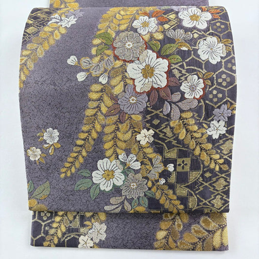 【美品】 袋帶 名品級 大和 草花紋 市松樹 金銀線 金金箔 紫 六通 純蠶絲