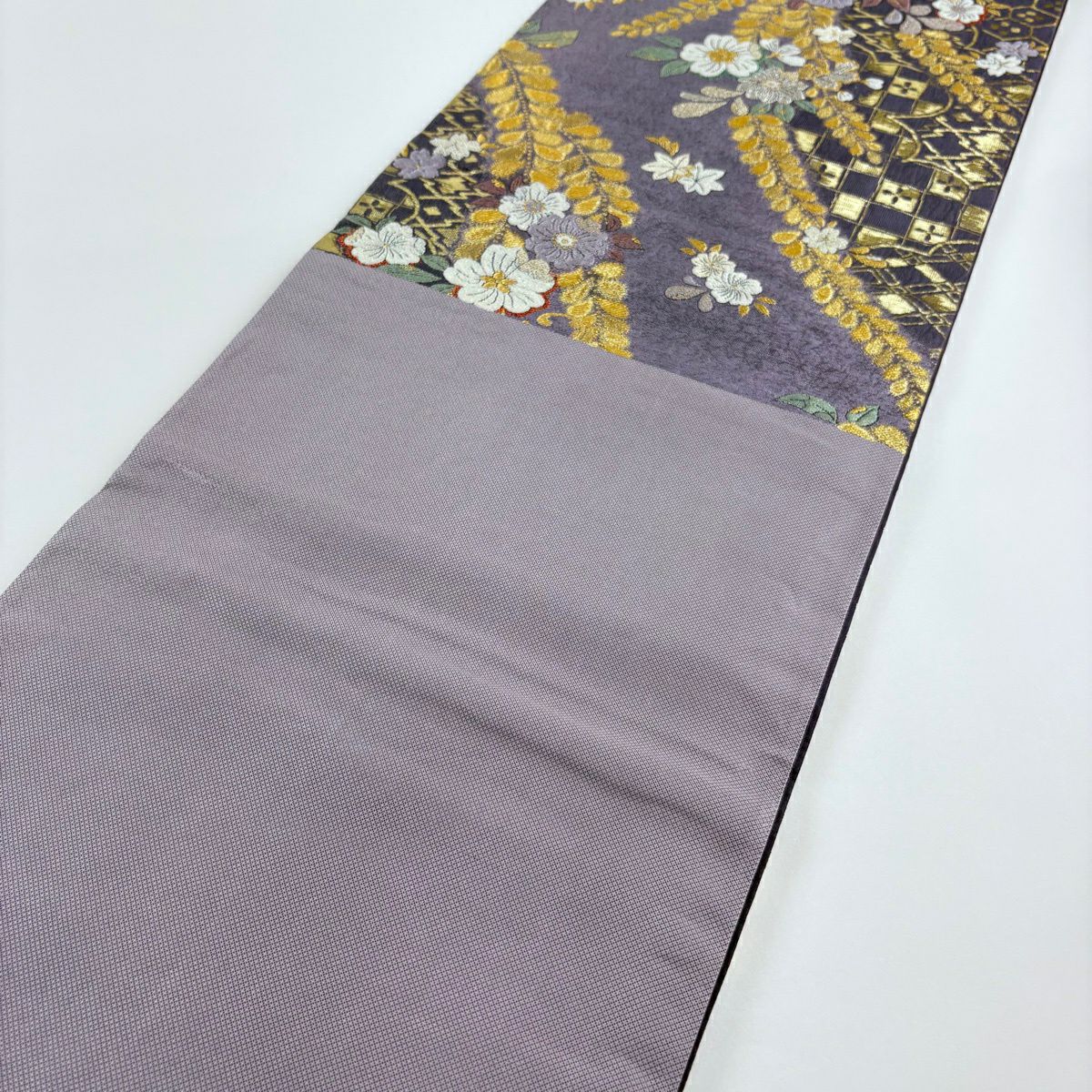 【美品】 袋帶 名品級 大和 草花紋 市松樹 金銀線 金金箔 紫 六通 純蠶絲