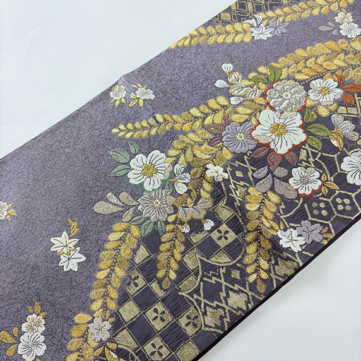 【美品】 袋帶 名品級 大和 草花紋 市松樹 金銀線 金金箔 紫 六通 純蠶絲