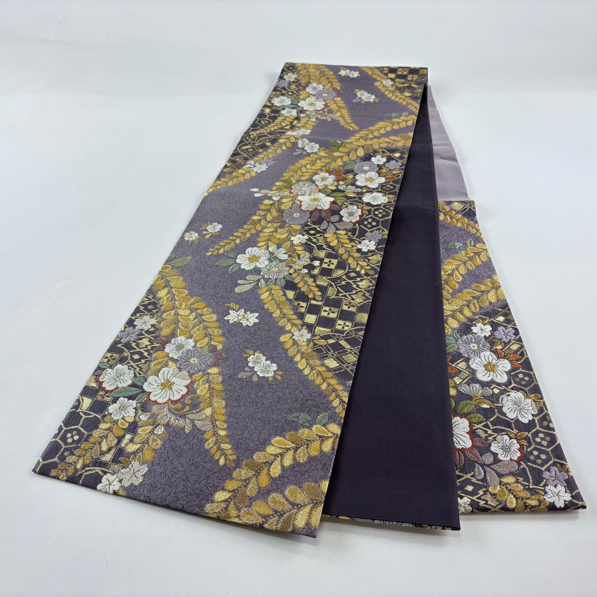 【美品】 袋帶 名品級 大和 草花紋 市松樹 金銀線 金金箔 紫 六通 純蠶絲