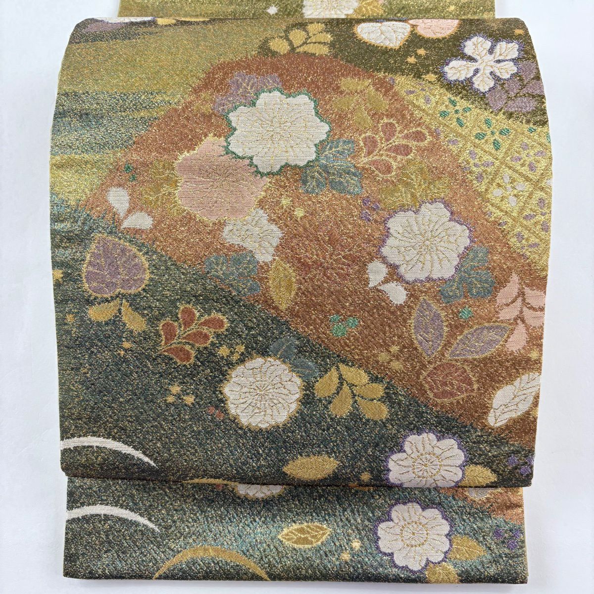 袋帶 名品級 草花紋紋 霞 金金箔 金絲 抹茶 深綠 純蠶絲