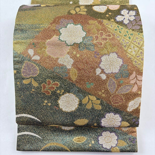 袋帶 名品級 草花紋紋 霞 金金箔 金絲 抹茶 深綠 純蠶絲