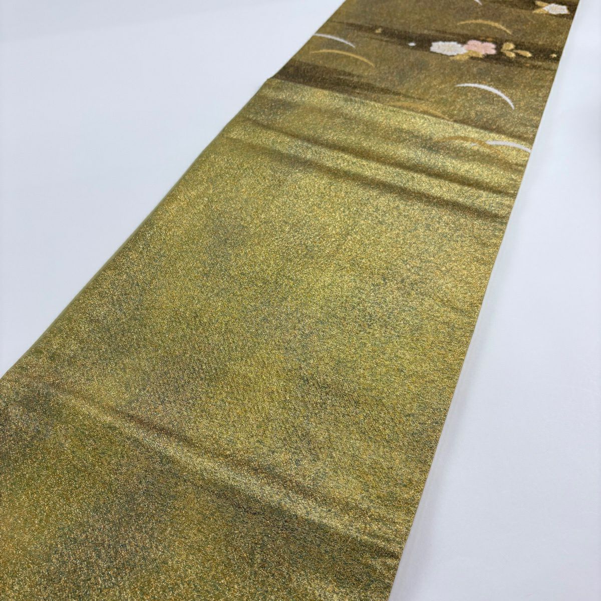 袋帶 名品級 草花紋紋 霞 金金箔 金絲 抹茶 深綠 純蠶絲