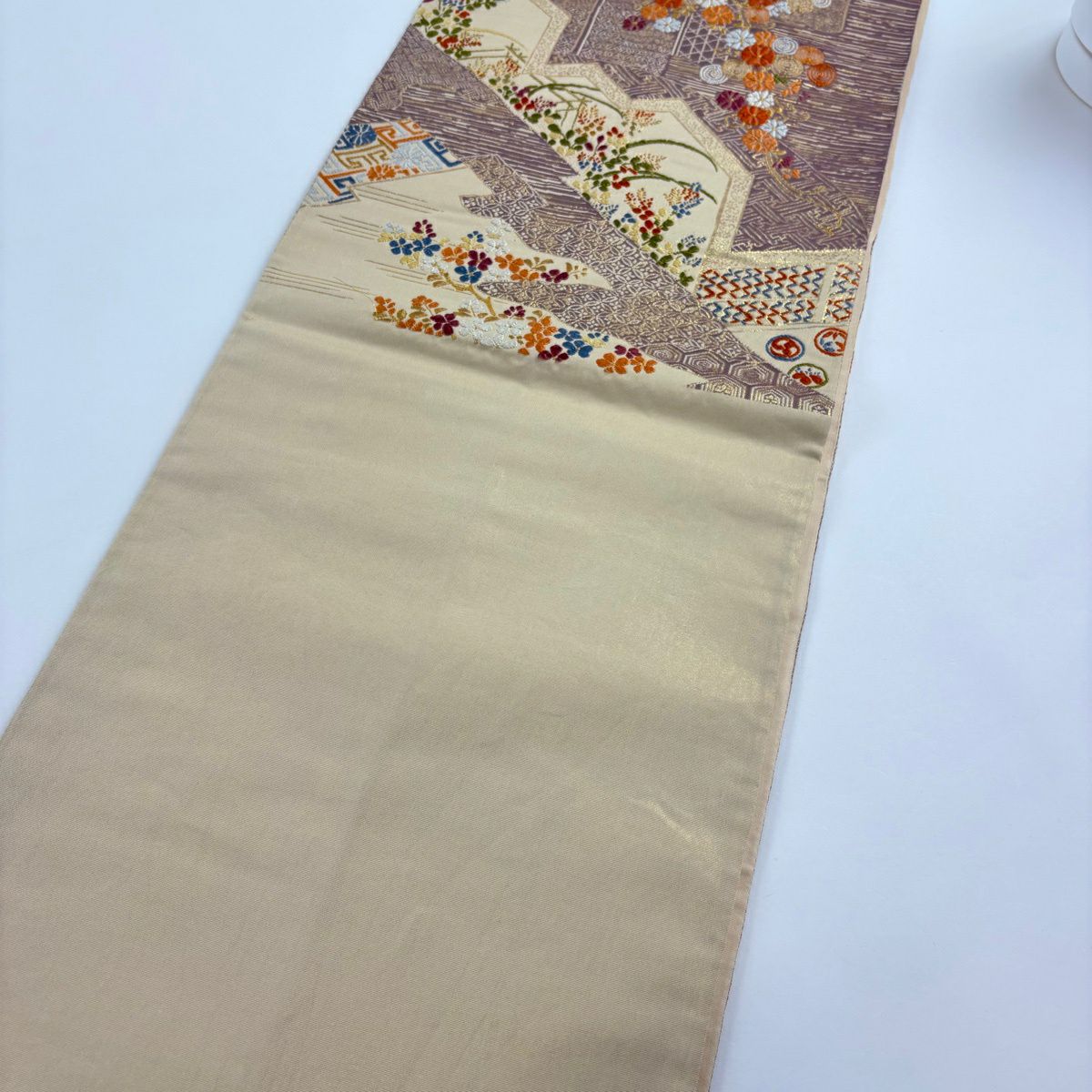袋帶 名品級 草花紋紋 有職文樣 金金箔 金絲 米色 六通 純蠶絲