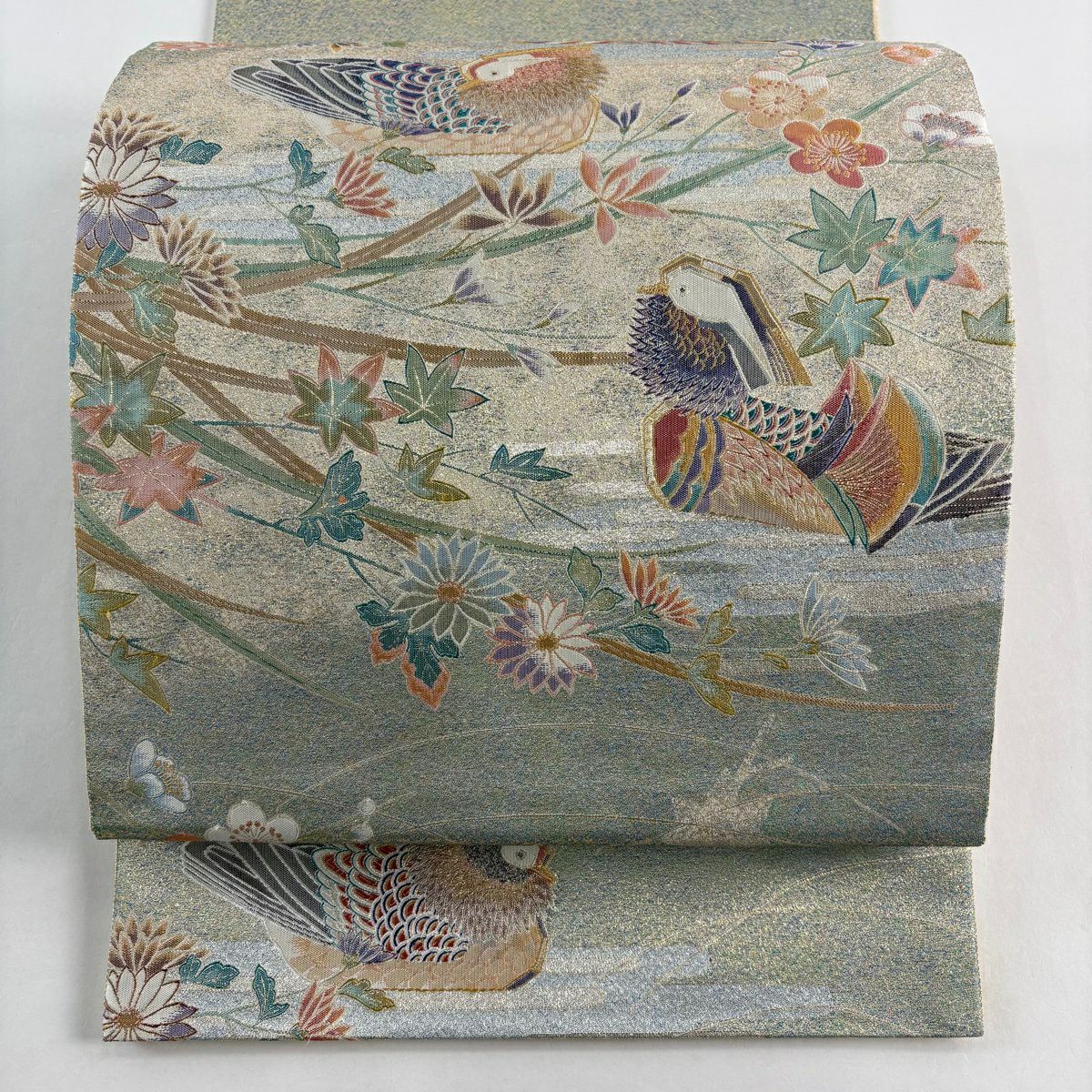 【美品】 袋帶 逸品級 鴛鴦 梅花 金糸 金金箔 淺綠 お太鼓圖案 純蠶絲
