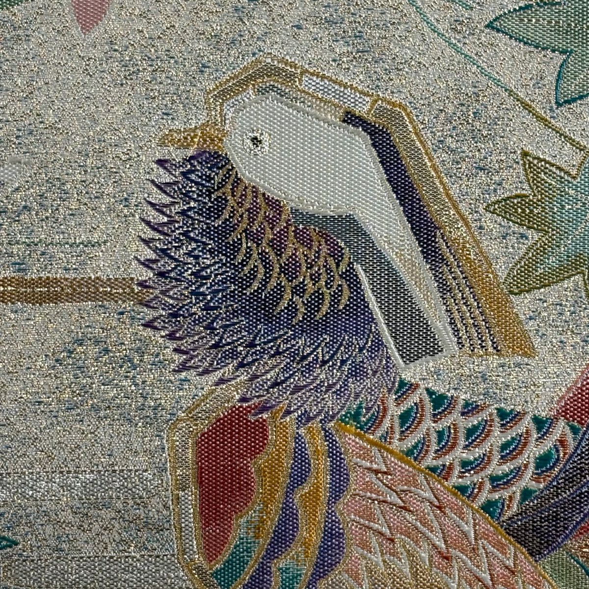 【美品】 袋帶 逸品級 鴛鴦 梅花 金糸 金金箔 淺綠 お太鼓圖案 純蠶絲