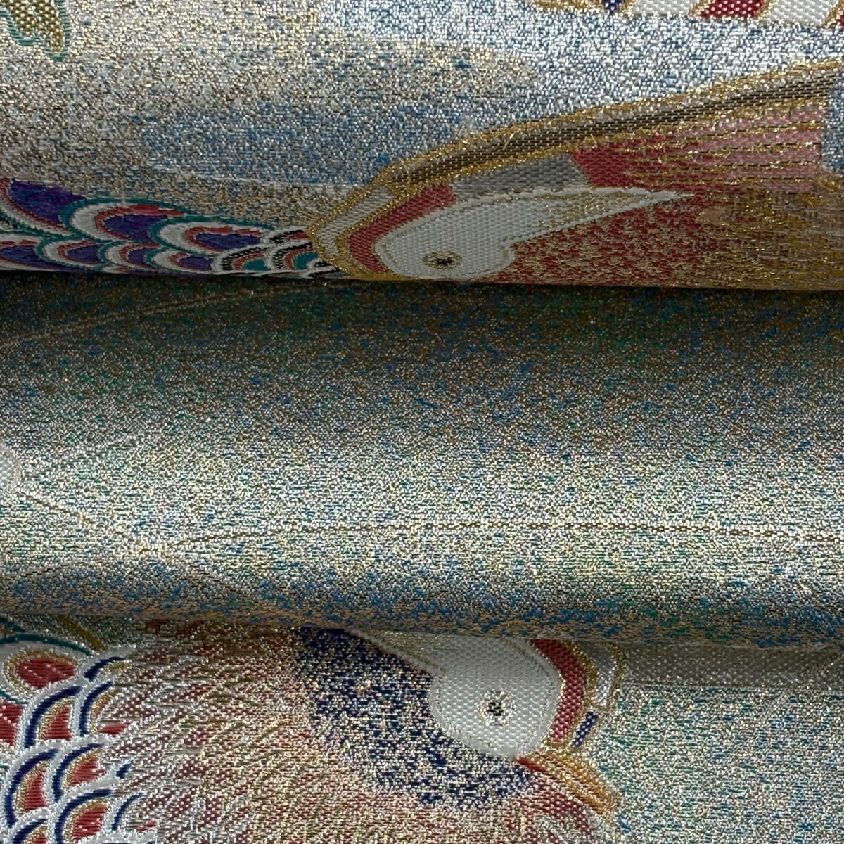 【美品】 袋帶 逸品級 鴛鴦 梅花 金糸 金金箔 淺綠 お太鼓圖案 純蠶絲