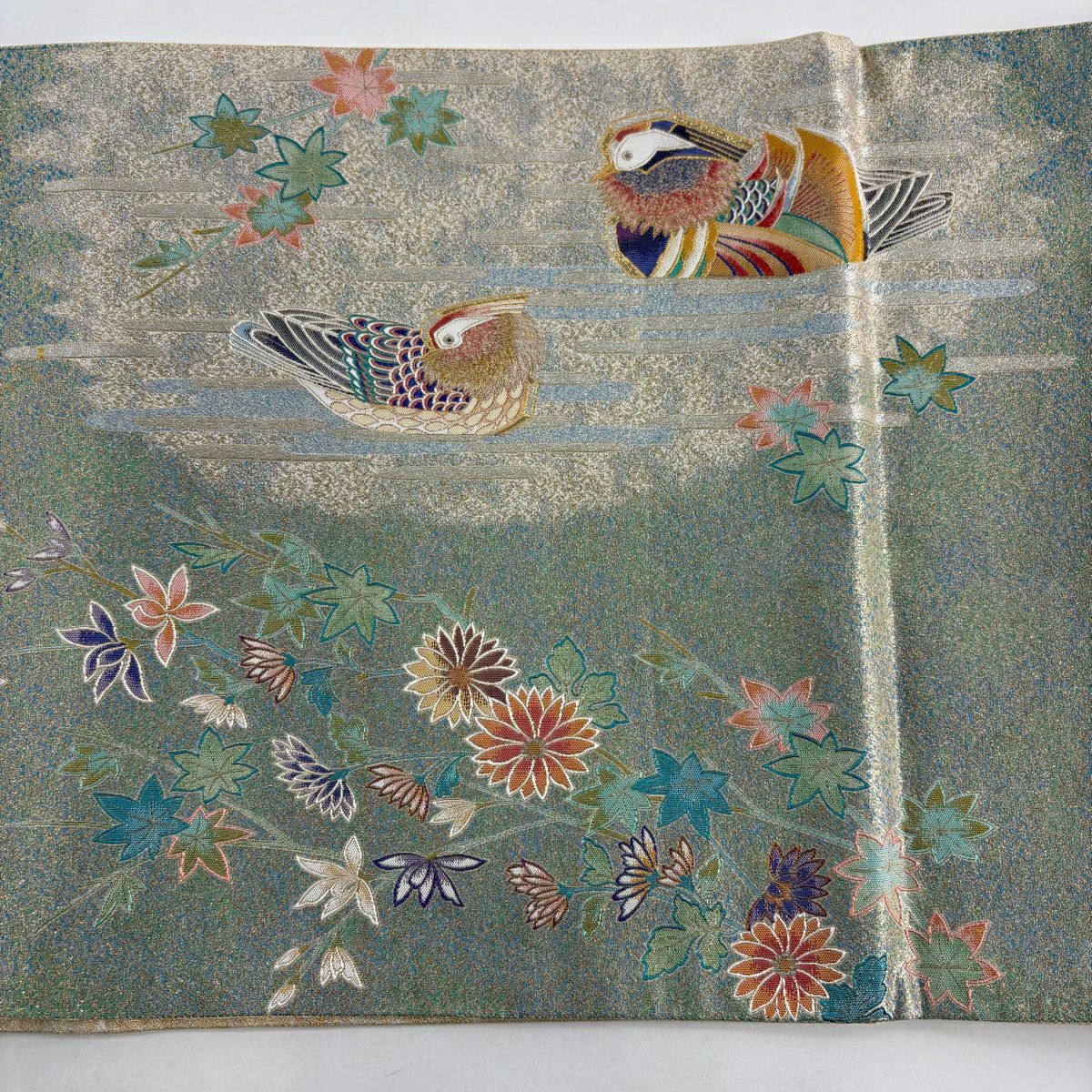 【美品】 袋帶 逸品級 鴛鴦 梅花 金糸 金金箔 淺綠 お太鼓圖案 純蠶絲