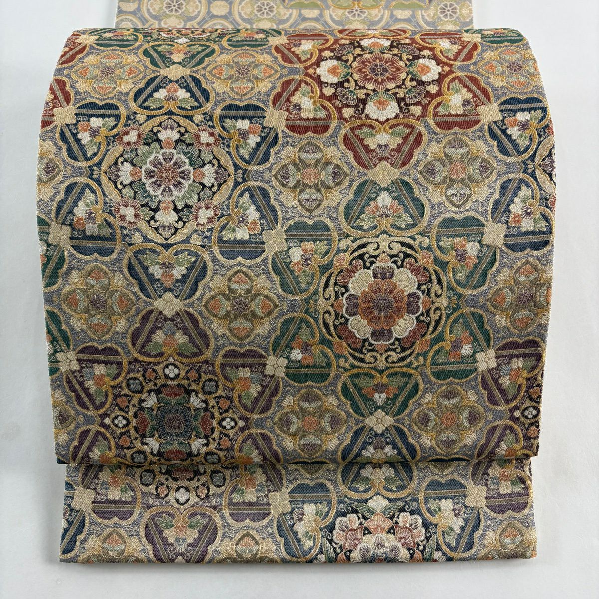 【美品】 袋帶 逸品級 華紋 幾何圖案 金絲 金金箔 金色 大鼓圖案 純蠶絲