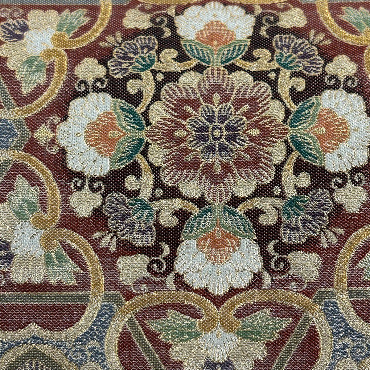 【美品】 袋帶 逸品級 華紋 幾何圖案 金絲 金金箔 金色 大鼓圖案 純蠶絲