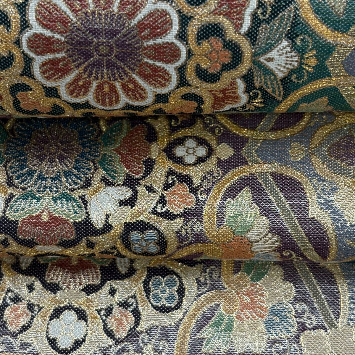 【美品】 袋帶 逸品級 華紋 幾何圖案 金絲 金金箔 金色 大鼓圖案 純蠶絲