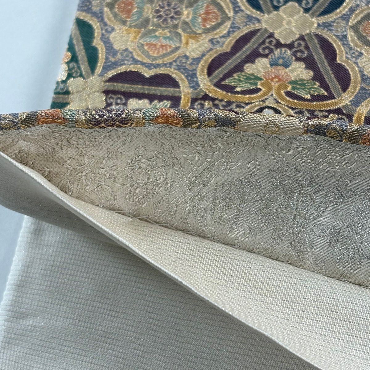 【美品】 袋帶 逸品級 華紋 幾何圖案 金絲 金金箔 金色 大鼓圖案 純蠶絲