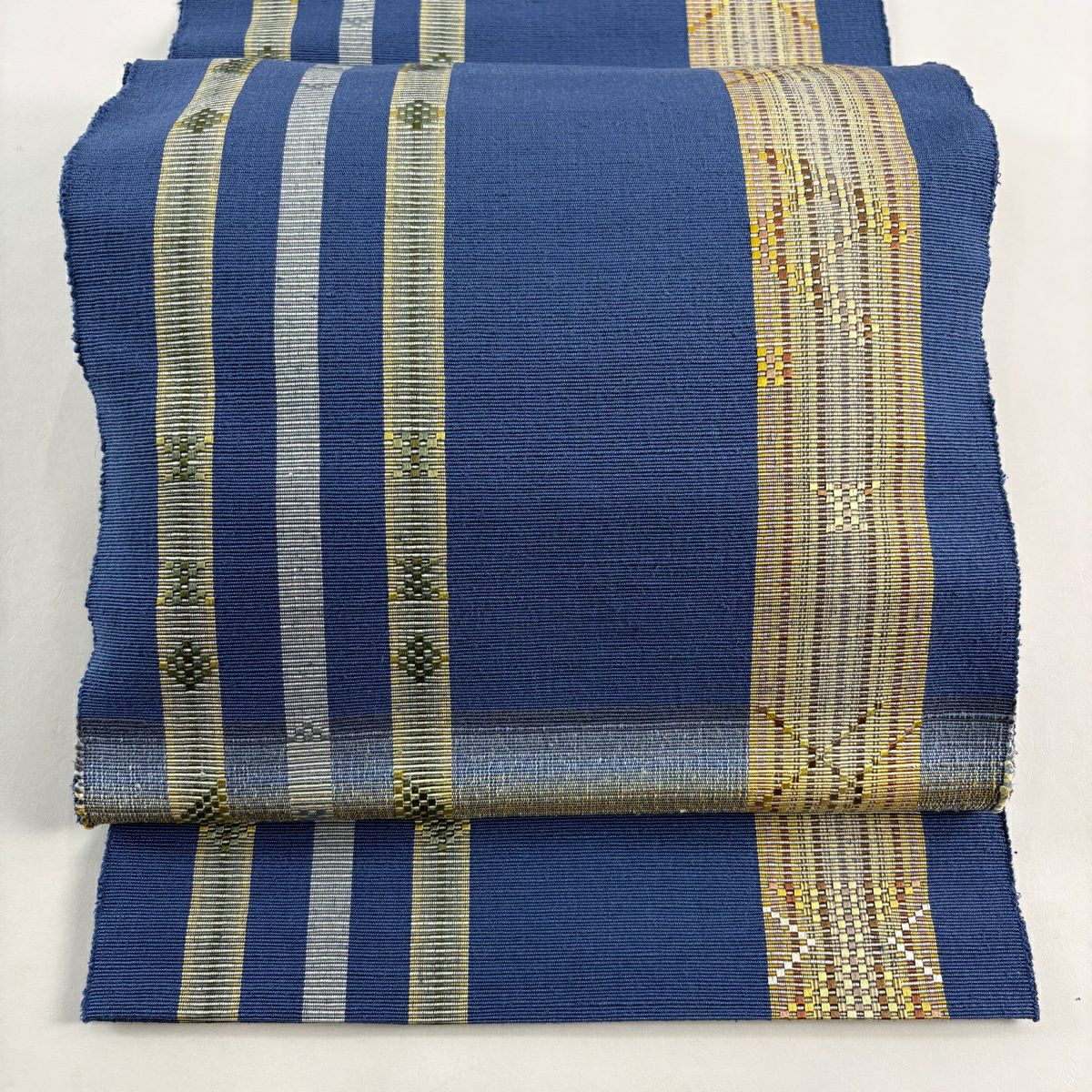 【美品】名古屋帶 逸品級 八寸名古屋帶 隧道仕立 幾何圖案 條紋 藍色 純蠶絲