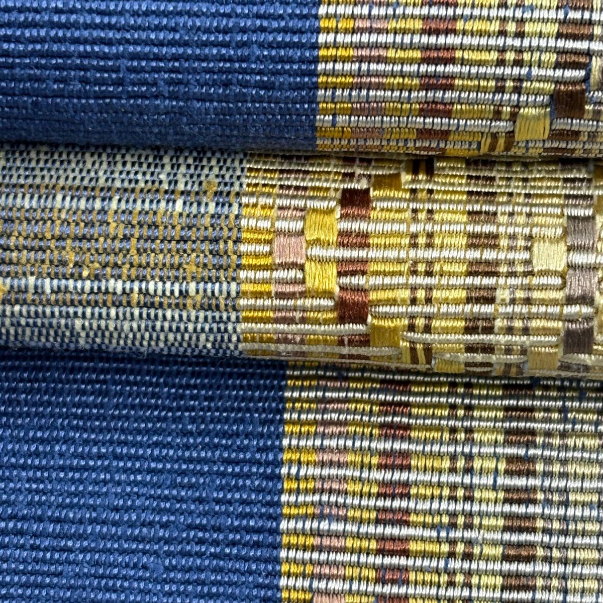 【美品】名古屋帶 逸品級 八寸名古屋帶 隧道仕立 幾何圖案 條紋 藍色 純蠶絲