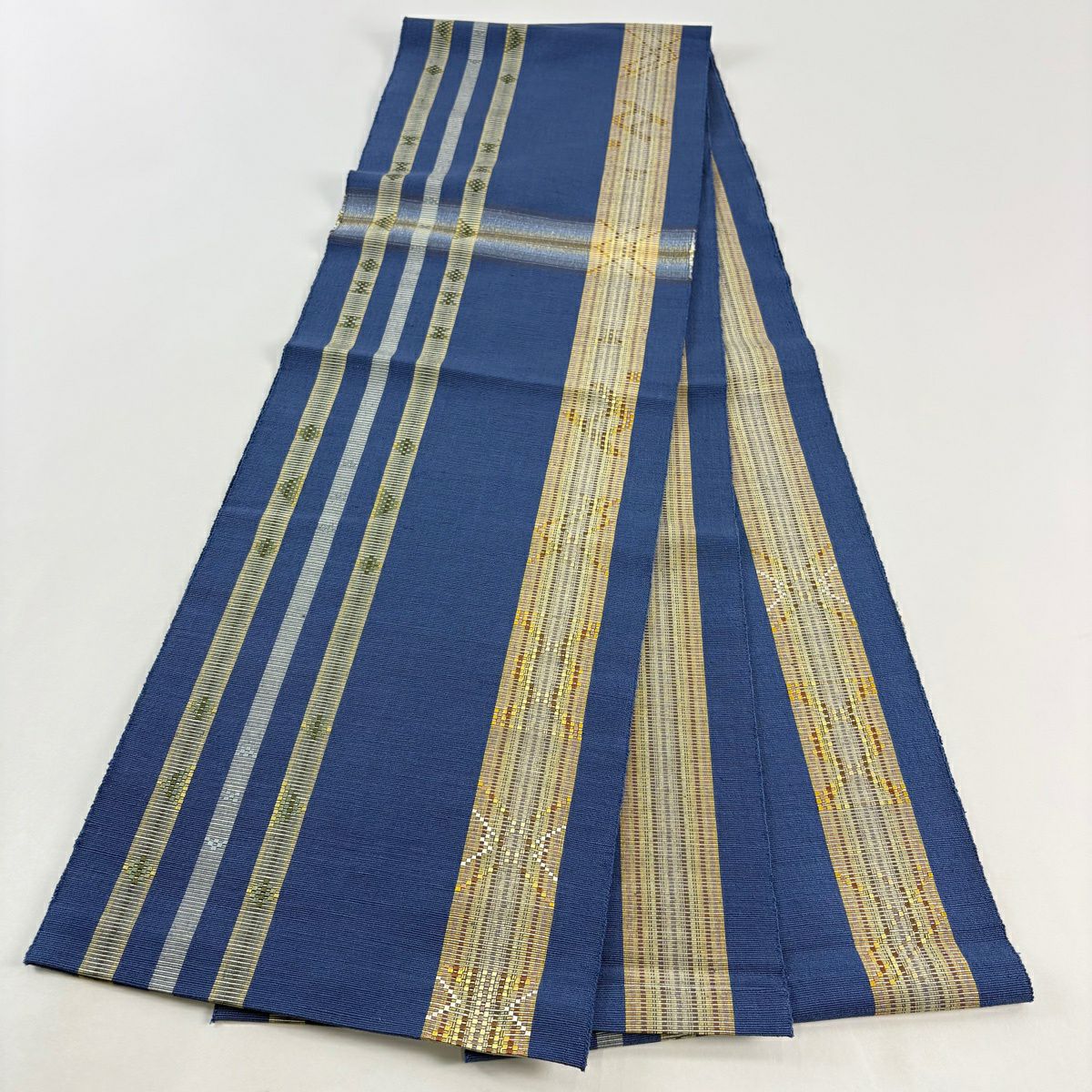 【美品】名古屋帶 逸品級 八寸名古屋帶 隧道仕立 幾何圖案 條紋 藍色 純蠶絲