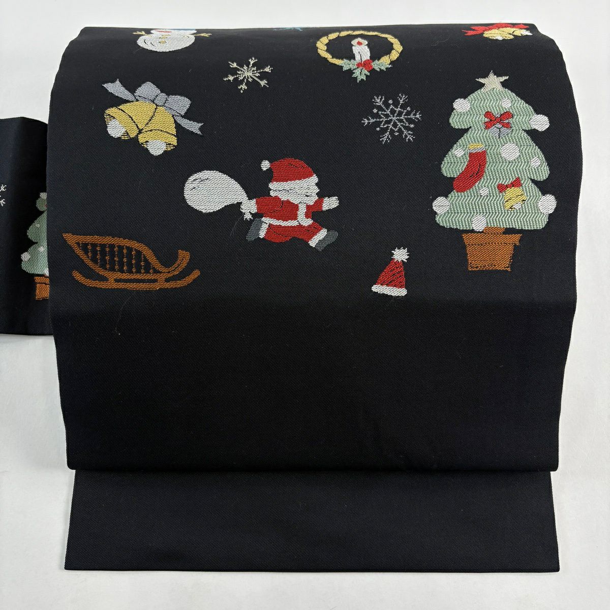 【美品】名古屋帶 逸品級 聖誕節 聖誕老人 黑 純蠶絲
