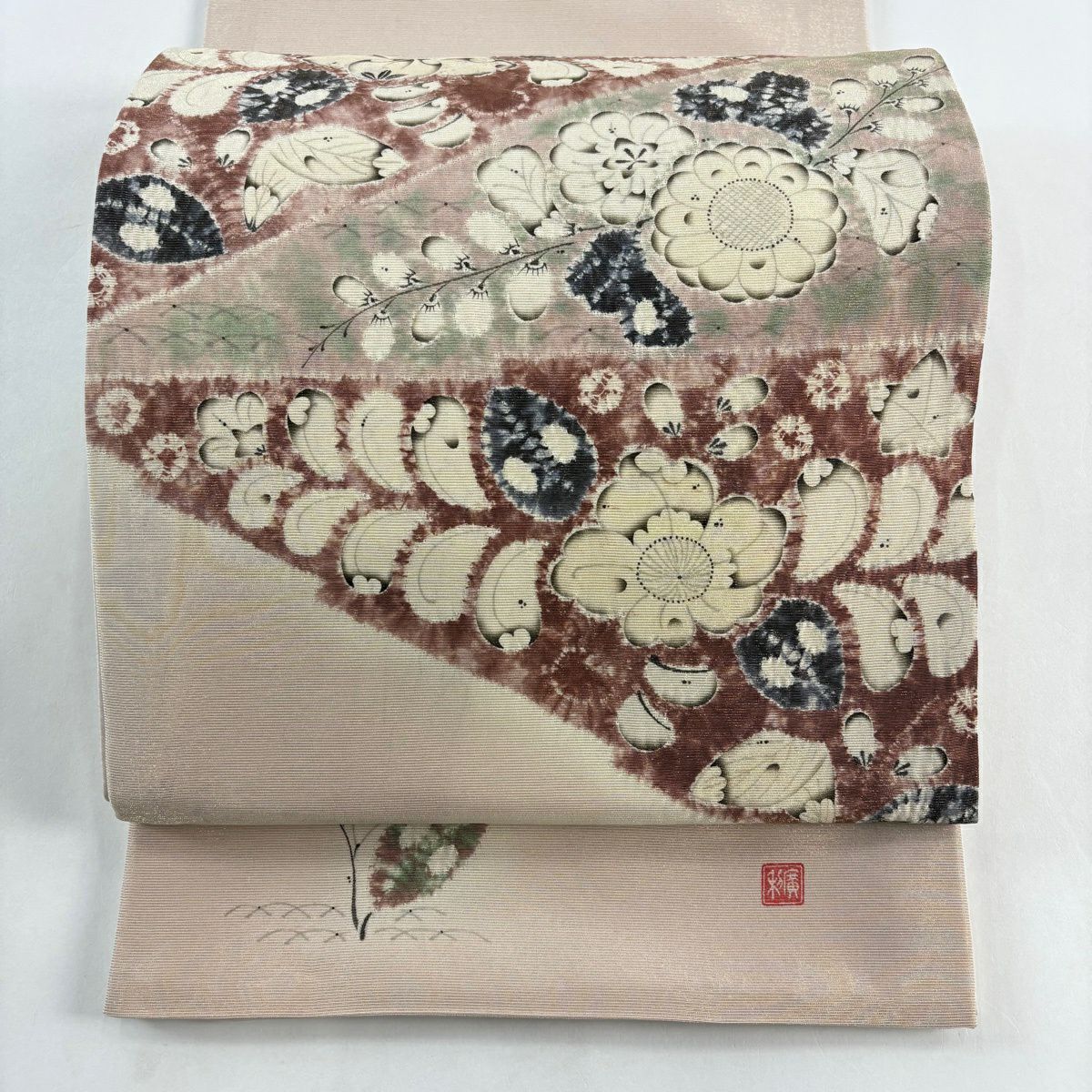袋帶 逸品級 辻花染 金通し 粉米色 お太鼓柄 純蠶絲