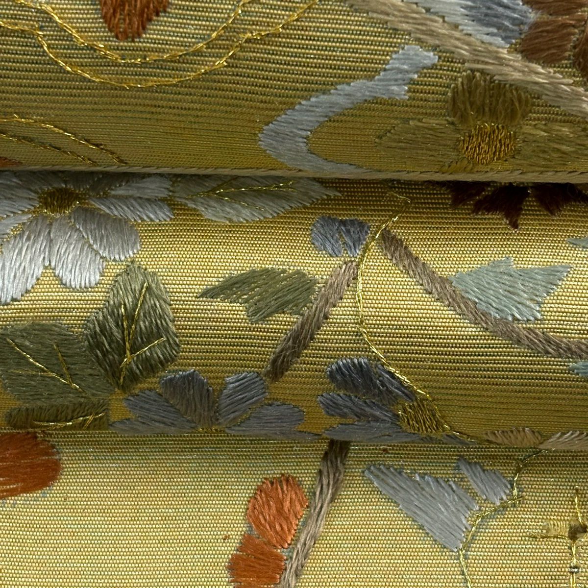 【美品】 袋帶 逸品級 華紋 鳳凰 刺繡 金金箔 金色 六通 純蠶絲