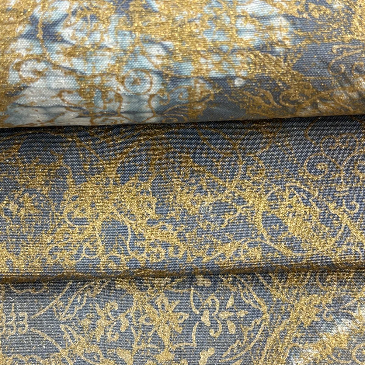 【美品】 袋帶 逸品級 落款 牛首紬織織 華紋 葡萄唐草紋 金銀彩 絞染 灰色 全通 純蠶絲