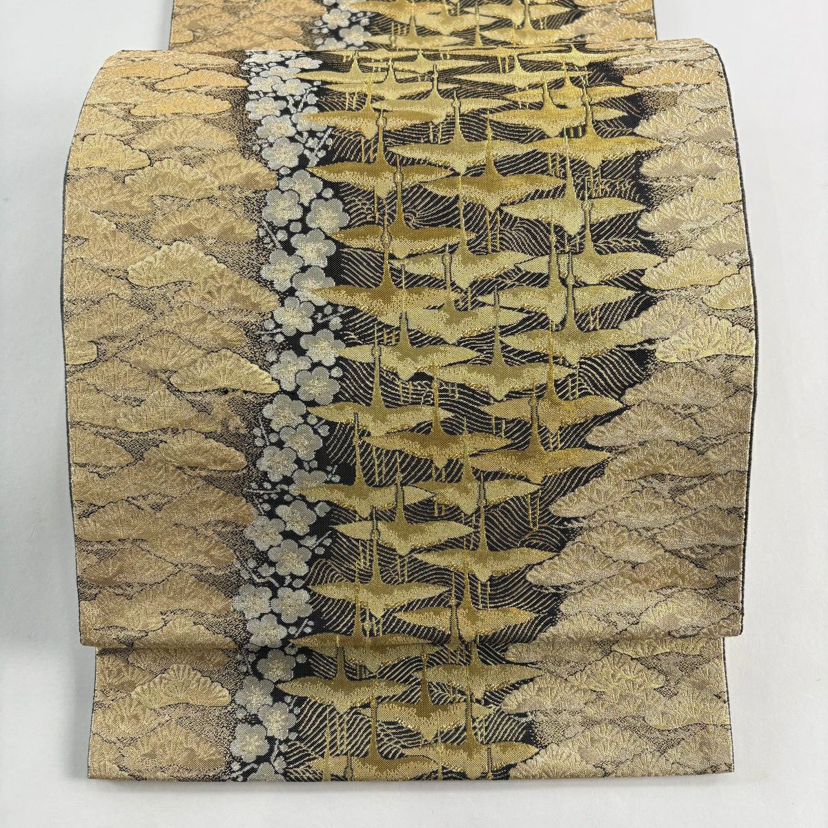 【美品】 袋帶 逸品級 有落款 篠屋宗兵衛 仙鶴 松樹梅花 金銀線 金金箔 金色 六通 純蠶絲