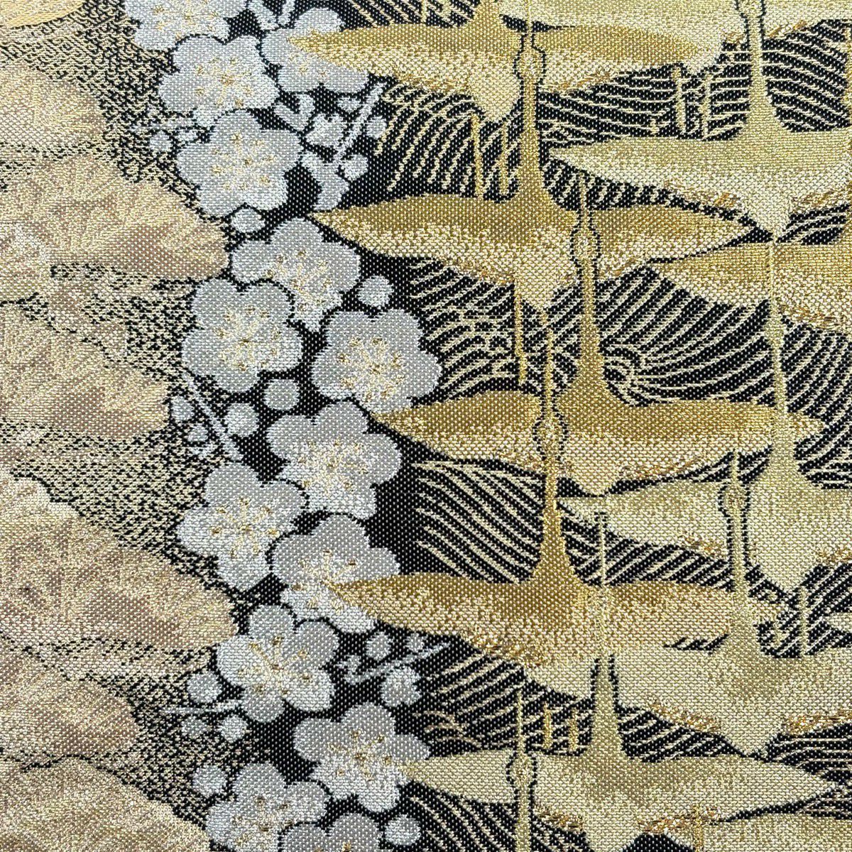 【美品】 袋帶 逸品級 有落款 篠屋宗兵衛 仙鶴 松樹梅花 金銀線 金金箔 金色 六通 純蠶絲