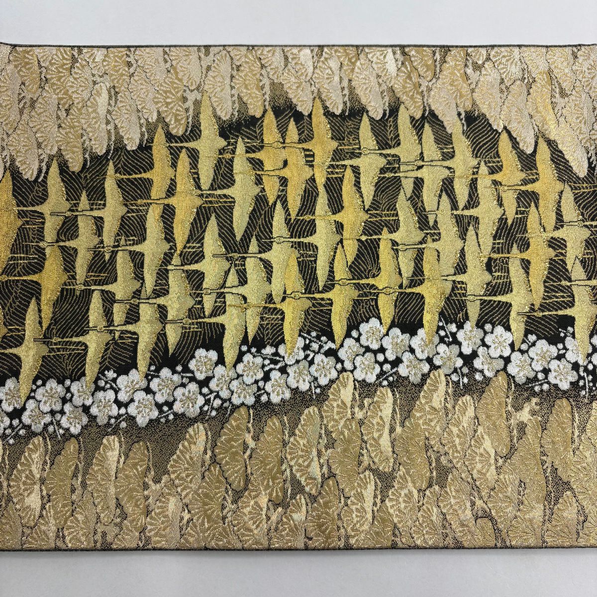【美品】 袋帶 逸品級 有落款 篠屋宗兵衛 仙鶴 松樹梅花 金銀線 金金箔 金色 六通 純蠶絲