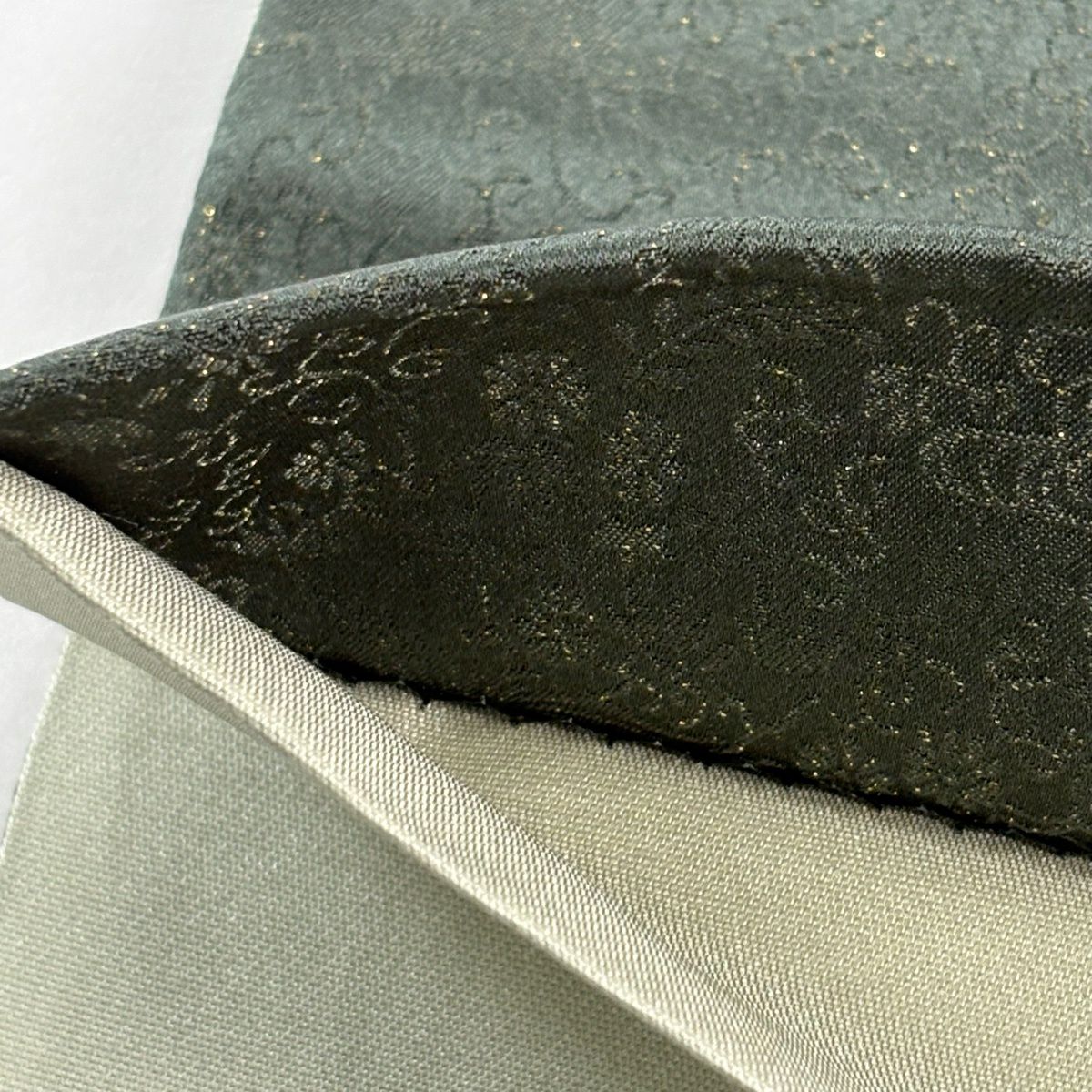 【美品】 袋帶 逸品級 樋熊哲也 落款あり 辻花染 金通 深綠 お太鼓柄 純蠶絲