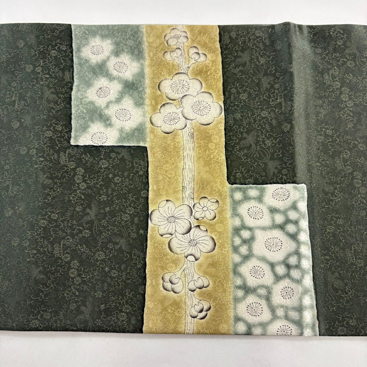 【美品】 袋帶 逸品級 樋熊哲也 落款あり 辻花染 金通 深綠 お太鼓柄 純蠶絲