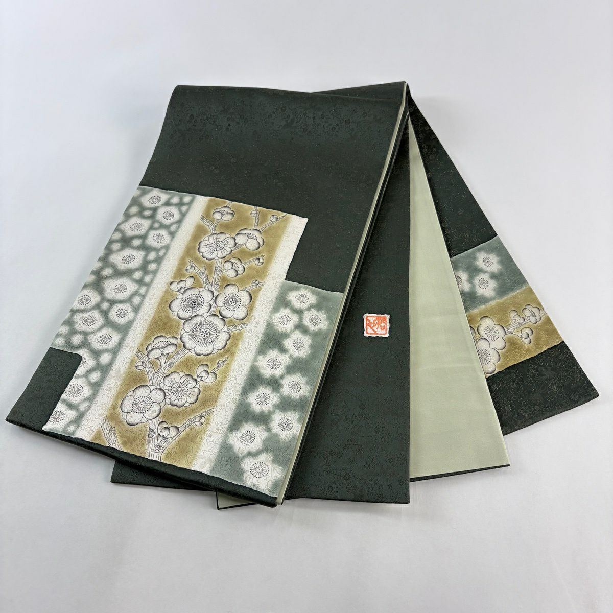 【美品】 袋帶 逸品級 樋熊哲也 落款あり 辻花染 金通 深綠 お太鼓柄 純蠶絲
