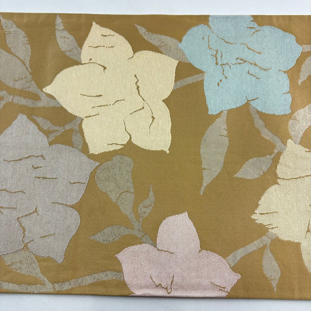 袋帶 逸品級 白綾苑大庭 落款あり 關西仕立 草花紋紋 金金箔 黃土 深藍色 六通 純蠶絲