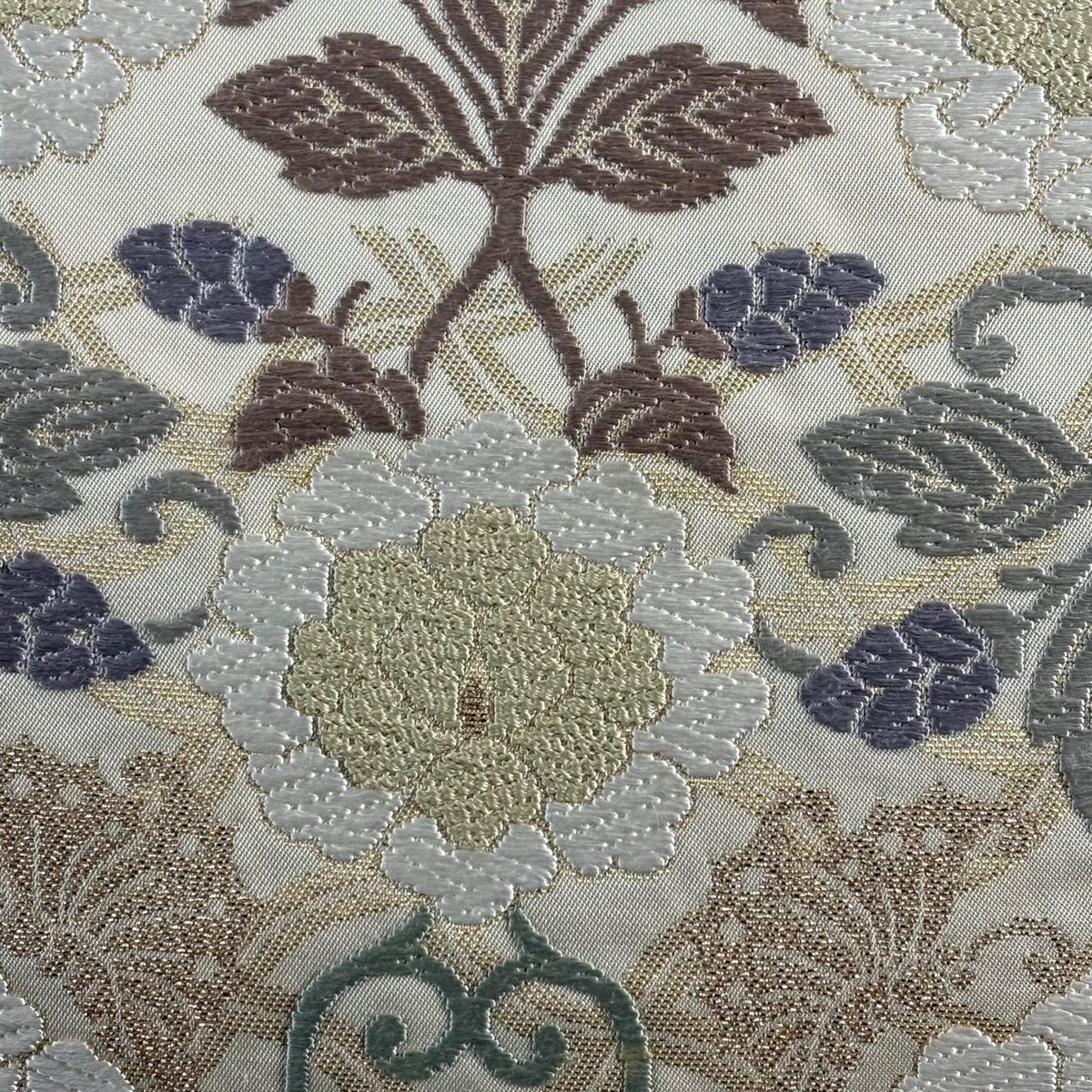 袋帶 逸品級 牡丹 蝶 唐織 金金箔 奶油 六通 純蠶絲