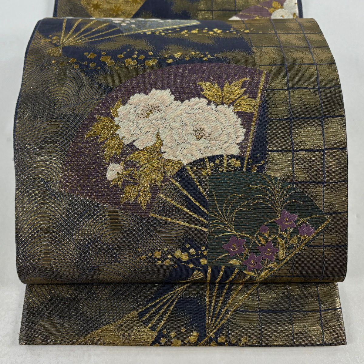 袋帶 逸品級 じゅらく 落款あり 扇子 草花紋 金絲 金金箔 青灰 六通 純蠶絲