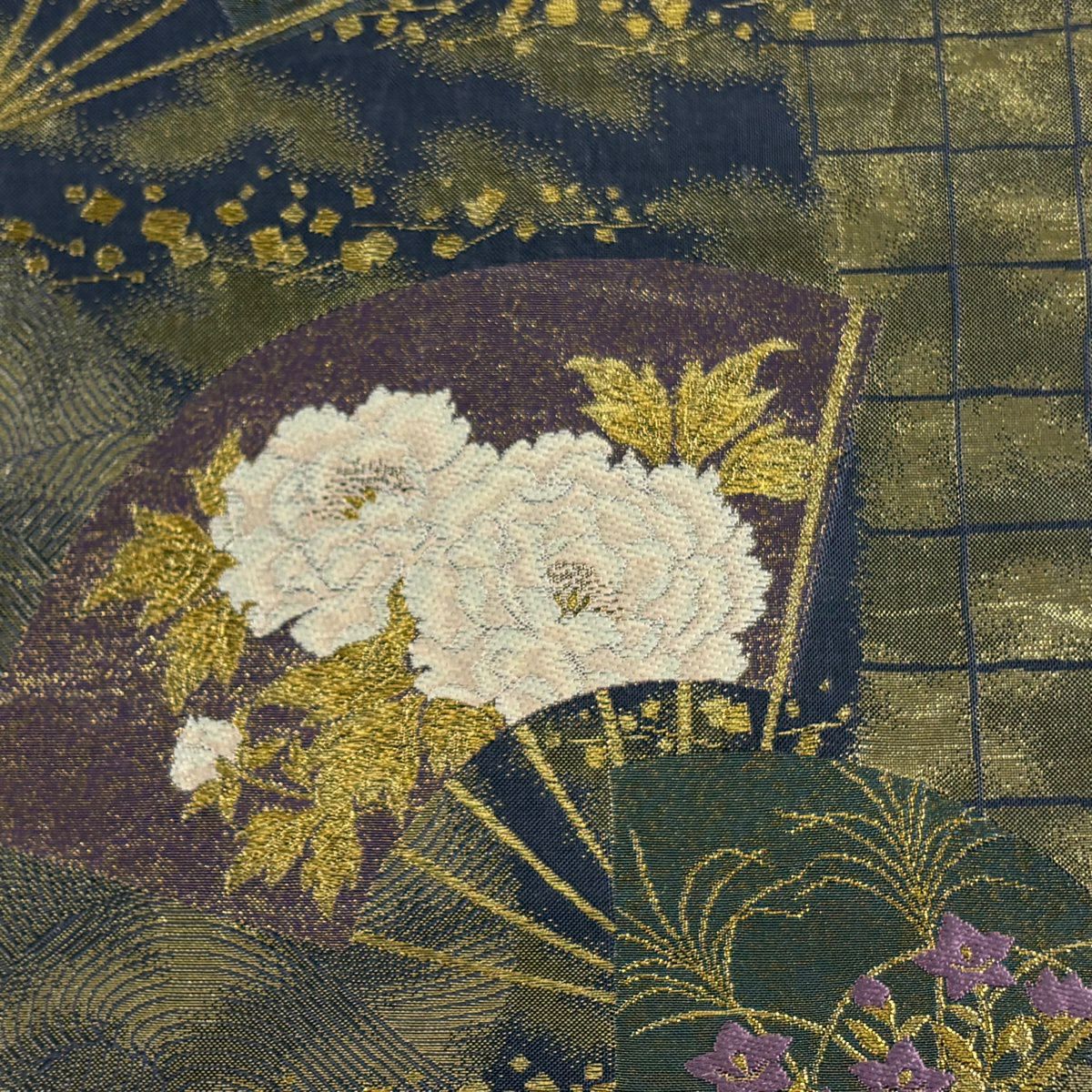 袋帶 逸品級 じゅらく 落款あり 扇子 草花紋 金絲 金金箔 青灰 六通 純蠶絲