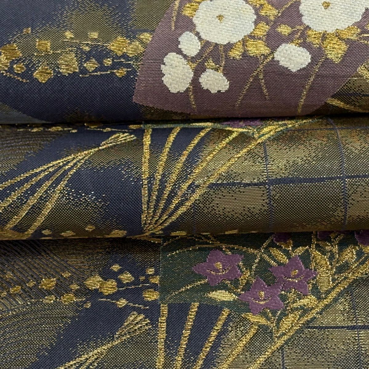 袋帶 逸品級 じゅらく 落款あり 扇子 草花紋 金絲 金金箔 青灰 六通 純蠶絲