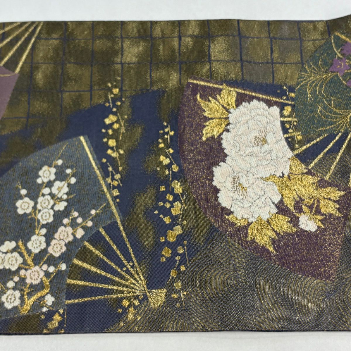 袋帶 逸品級 じゅらく 落款あり 扇子 草花紋 金絲 金金箔 青灰 六通 純蠶絲