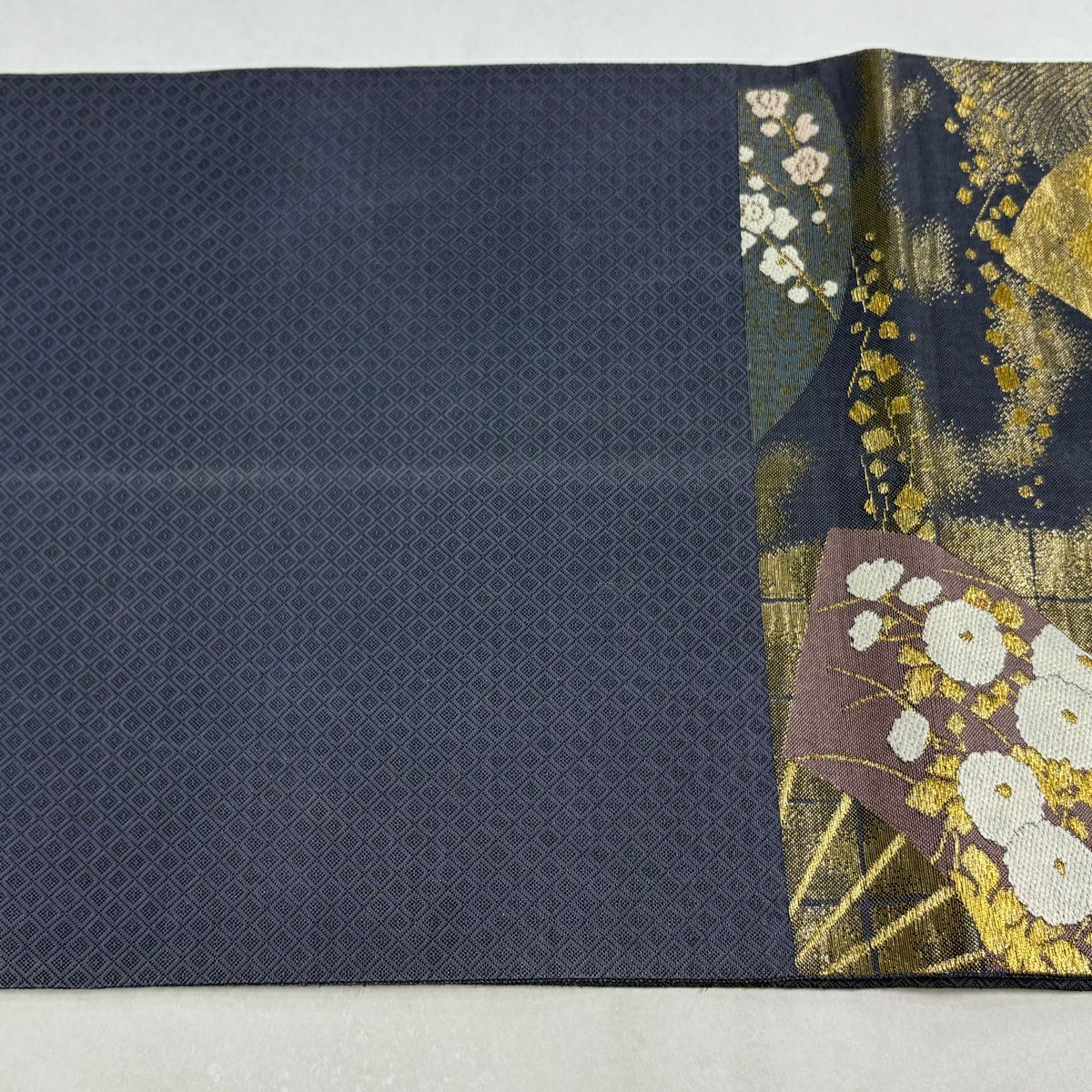 袋帶 逸品級 じゅらく 落款あり 扇子 草花紋 金絲 金金箔 青灰 六通 純蠶絲