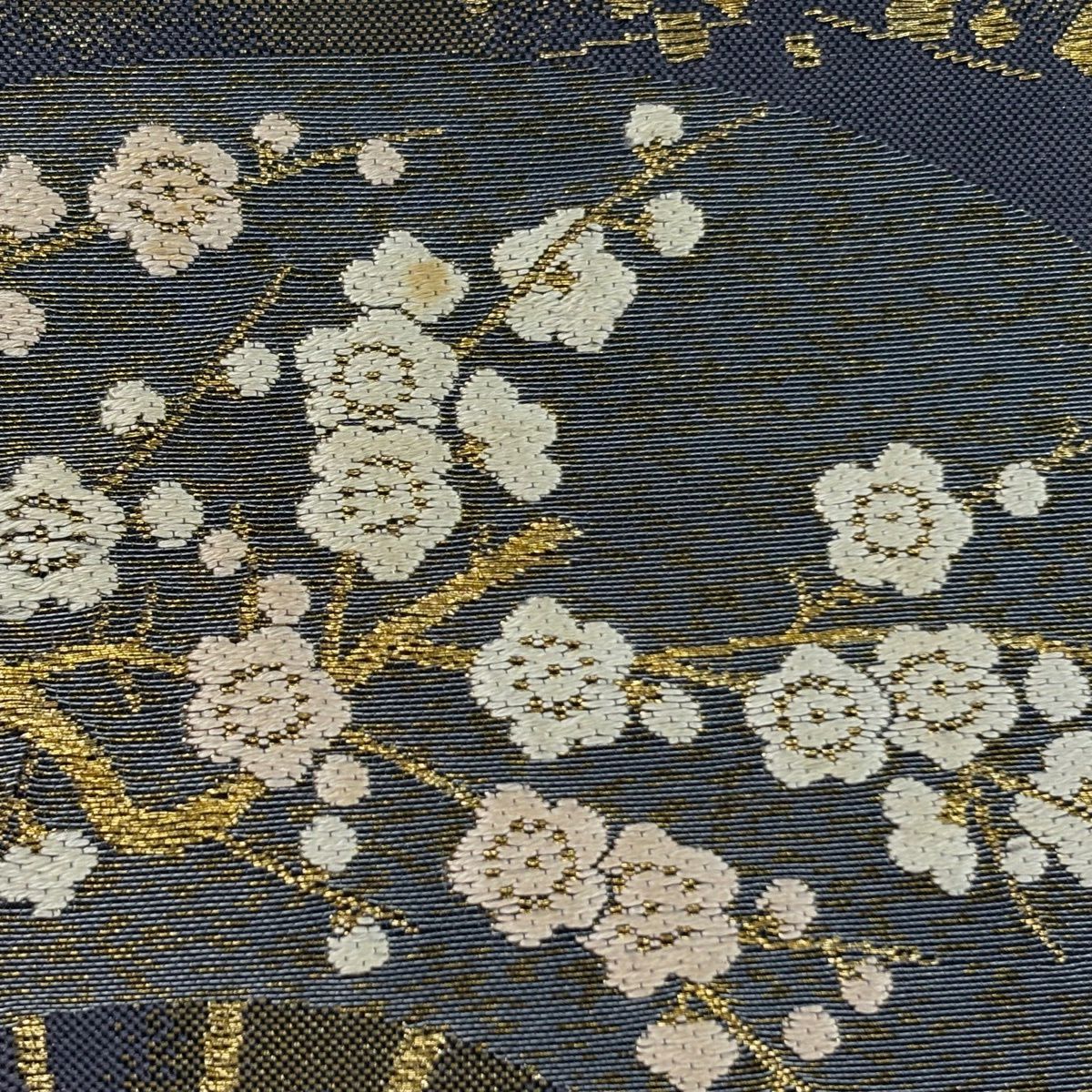 袋帶 逸品級 じゅらく 落款あり 扇子 草花紋 金絲 金金箔 青灰 六通 純蠶絲