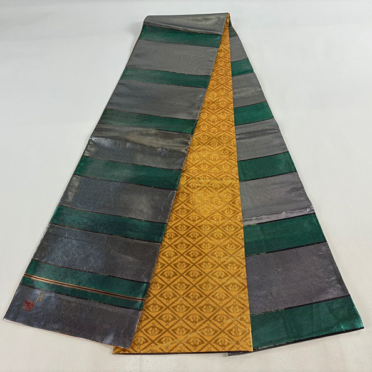 【美品】 袋帶 逸品級 藤林德扇子 落款あり 段紋 金金箔 綠 全通 純蠶絲