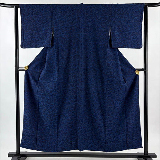 【美品】 小紋 身長152.5cm 袖長61.5cm S 雙層 文字文 花鳥 深藍 純蠶絲 逸品級
