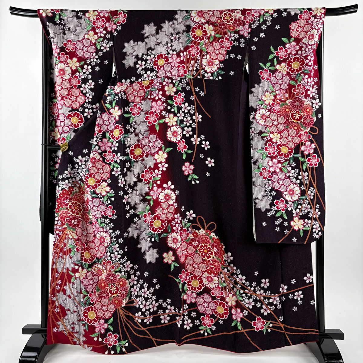 【美品】振袖禮服 身長164cm 袖長68cm L 雙層 藥玉 櫻花 金銀彩 漸層 茶紫 純蠶絲 逸品級