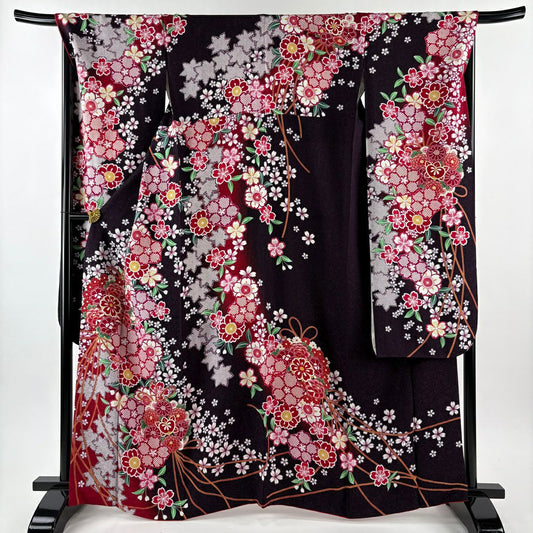 【美品】振袖禮服 身長164cm 袖長68cm L 雙層 藥玉 櫻花 金銀彩 漸層 茶紫 純蠶絲 逸品級