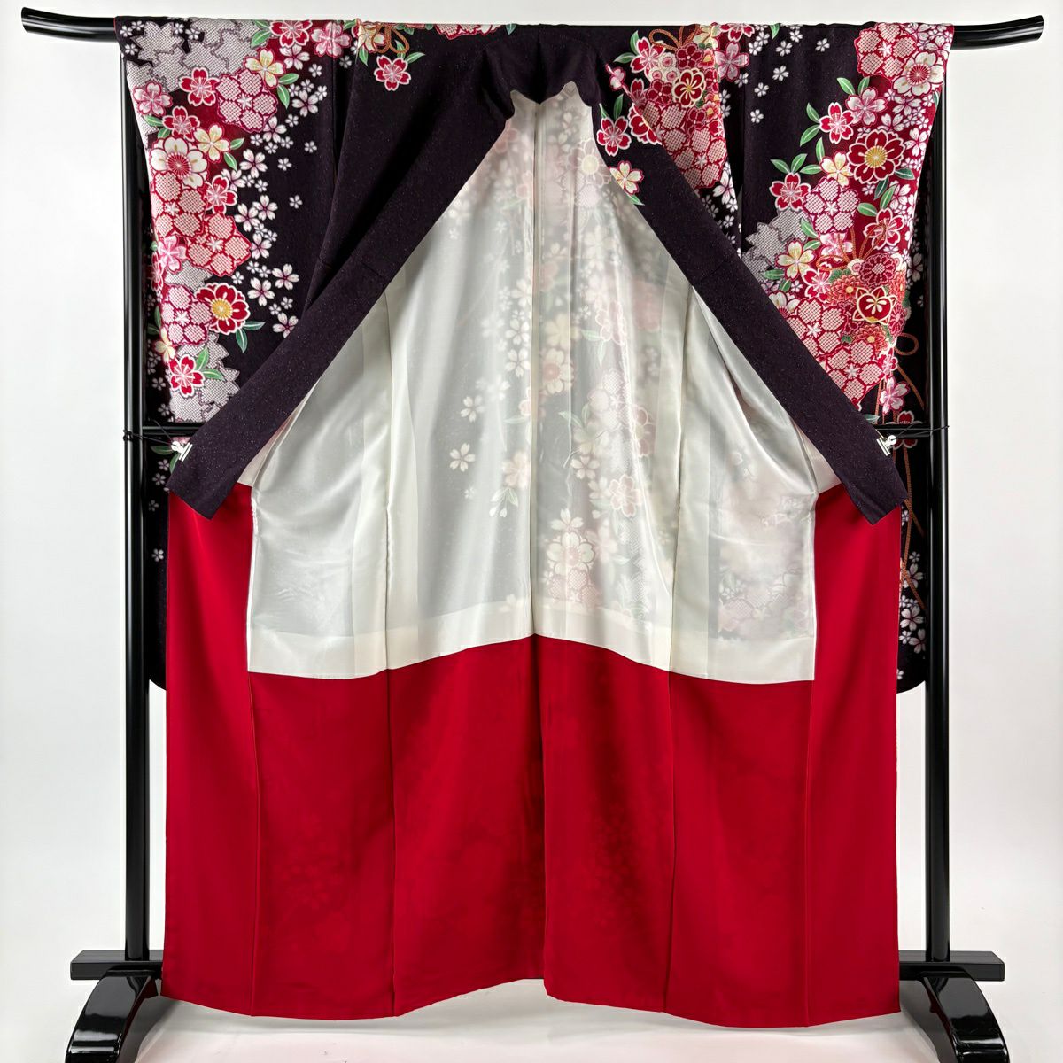 【美品】振袖禮服 身長164cm 袖長68cm L 雙層 藥玉 櫻花 金銀彩 漸層 茶紫 純蠶絲 逸品級