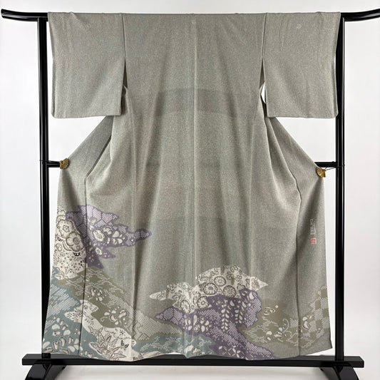 付下 身長155cm 袖長63.5cm S 雙層 大脇一心 有落款 辻花染 霞 灰綠 純蠶絲 逸品級 三つ紋