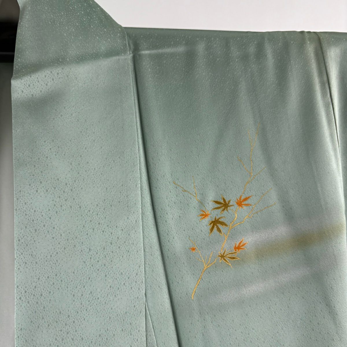 付下 身長162.5cm 袖長63cm S 雙層 人間國寶 福田喜重 落款 舟 草花紋 金銀彩 漸層 淺綠 純蠶絲 逸品級