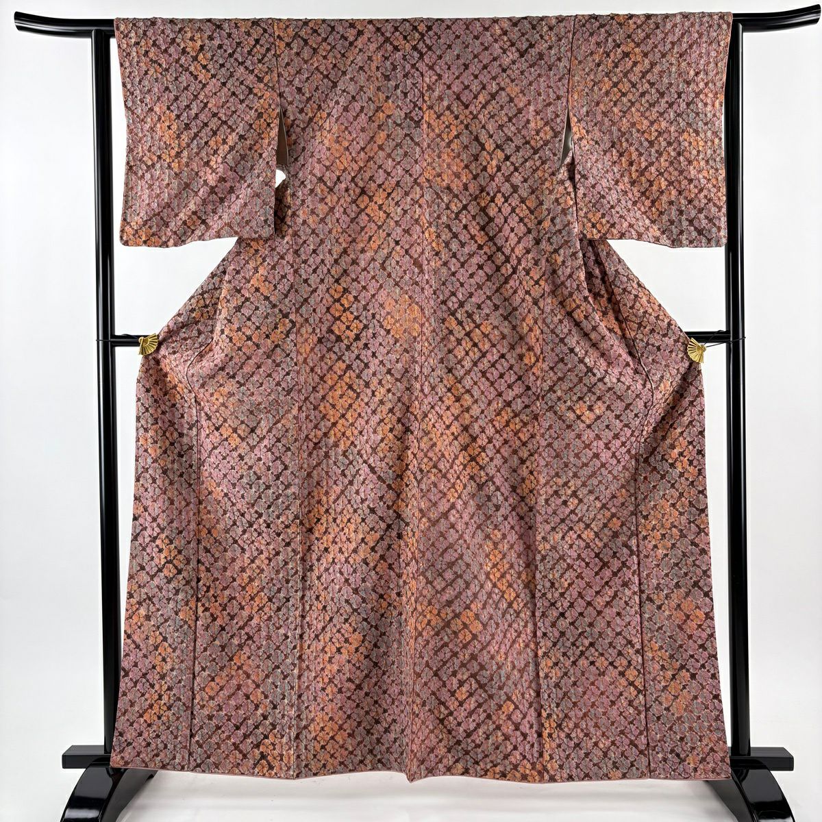 小紋 身長162.5cm 袖長63cm S 雙層 菅原結 漢方染 落款あり 證書あり 幾何學 絞染 小豆 純蠶絲 逸品級