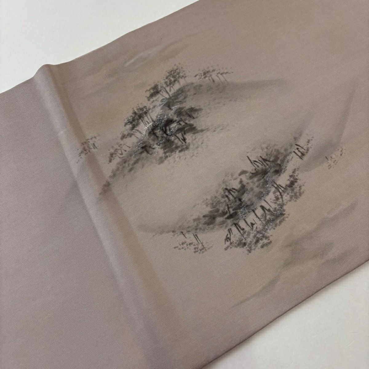 開口名古屋帶 優品級 附有落款 樹木 霞 薄小豆 純蠶絲