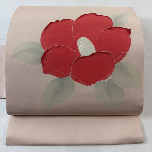 名古屋帶 優品級 椿 刺繡 粉米色 純蠶絲