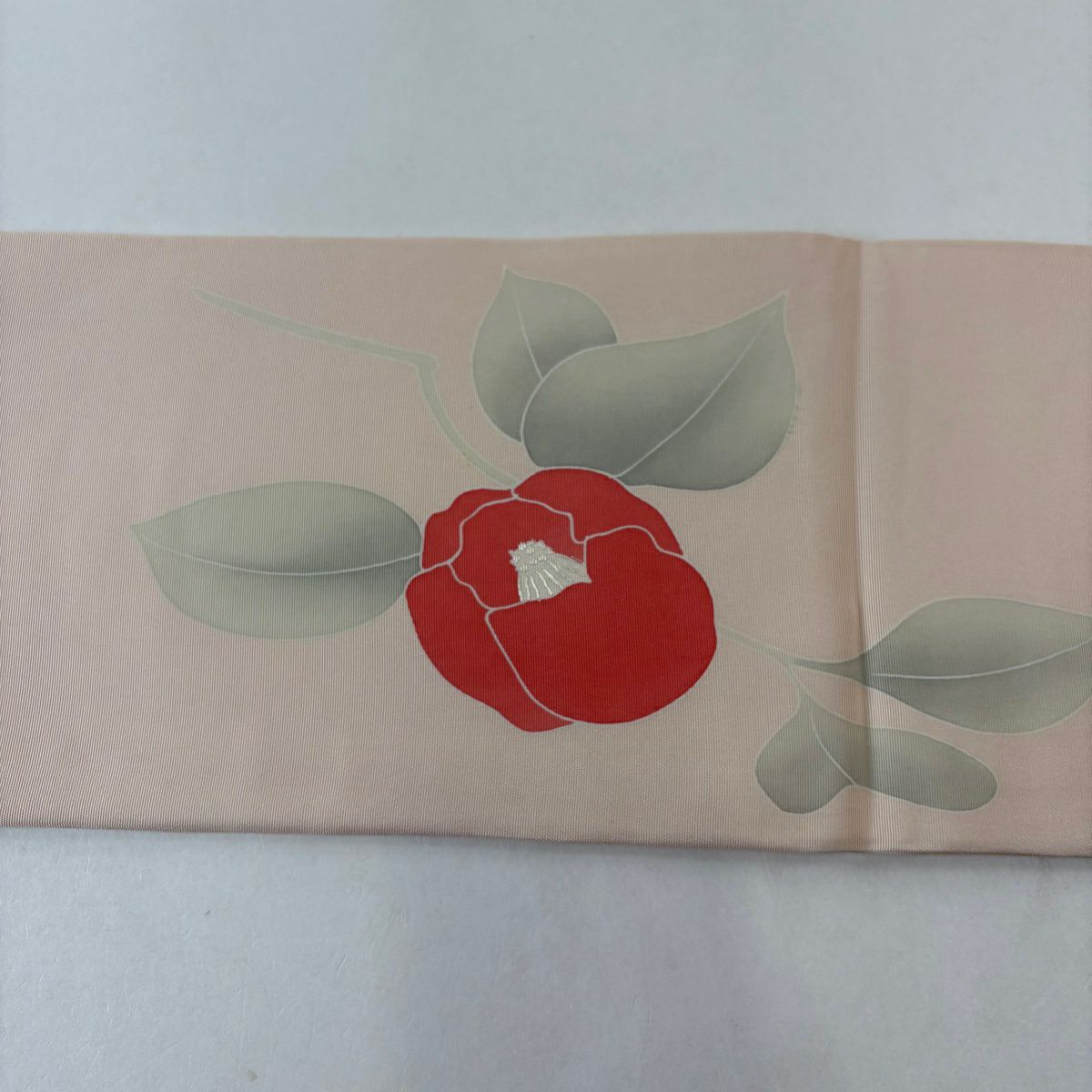名古屋帶 優品級 椿 刺繡 粉米色 純蠶絲