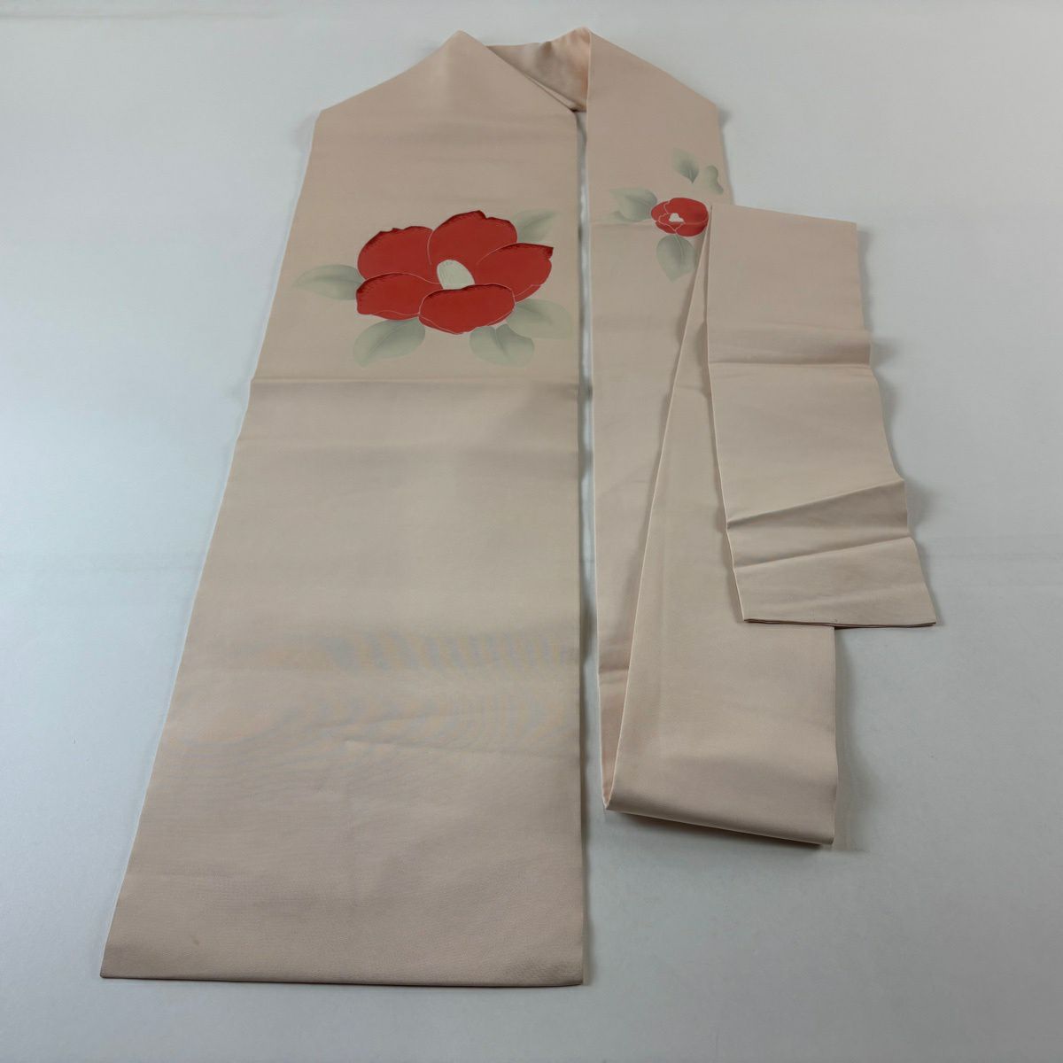 名古屋帶 優品級 椿 刺繡 粉米色 純蠶絲